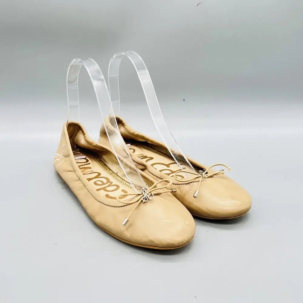Sam Edelman Shoes Womens 6 Beige Leather Ballet Flats Bow Slip On Comfort Casual